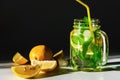 A mug filled with water and ice cubes, sliced Ã¢â¬â¹Ã¢â¬â¹lemon and mint leaves, next to a slices of lemon on a dark background Royalty Free Stock Photo